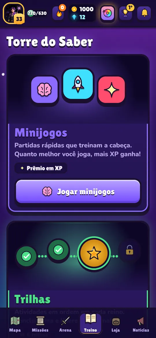 Torre do Saber com minijogos e trilhas